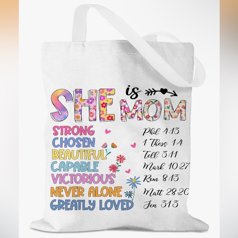 “She is Mom” Cotton Canvas Tote – Inspirational, for Mom/Grandma – 13.8” x 16”